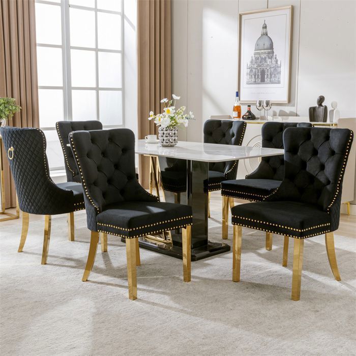 Chaise de salle à manger - Dossier à ailes - Lot de 6 - Velours noir - Pieds métal doré