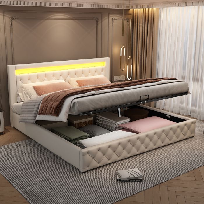 Lit double rembourré 180 x 200 cm avec éclairage LED Lit coffre avec sommier à lattes et Rangement Tissu PU Blanc