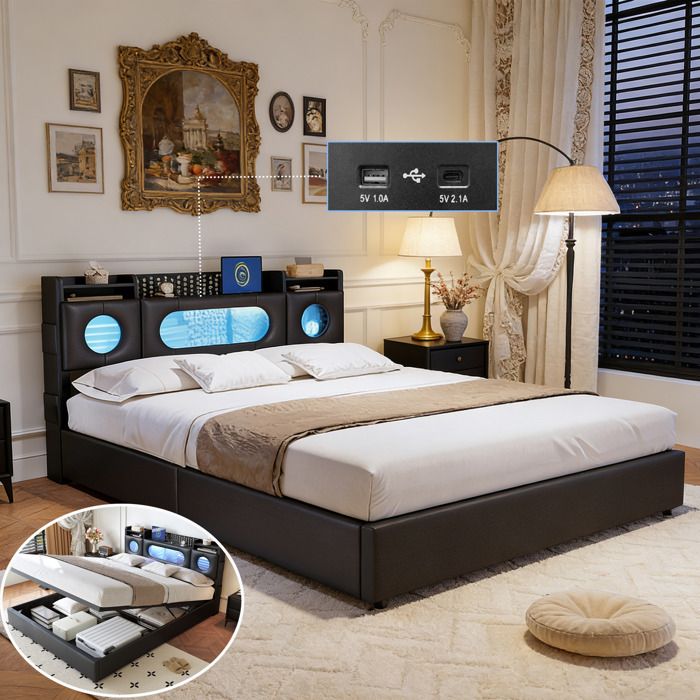 KRYZOR Lit 140x200 Avec Sommier LED USB Et 4 Tiroirs - Cadre Rembourré Tête De Lit Rangement - Gris