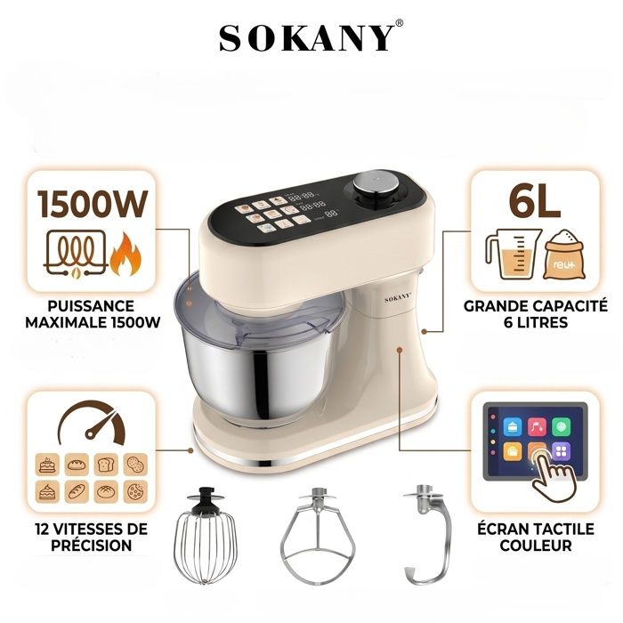 Robot Pâtissier 1500WRobot de cuisine6L Ecran tactile couleur-12 Vitesses Fermentation Régulation la température et temps - Sokany