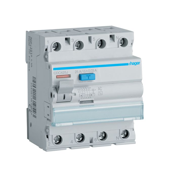 Disjoncteur différentiel - HAGER - 25A 30mA - 4 pôles - Montage rail DIN - 230/400V - IP20