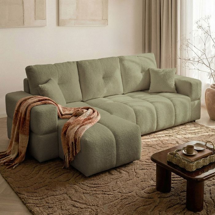 Canapé dangle Réversible BUENO - 3 places - Convertible avec Coffre - Tissu Agréable au Toucher - Vert