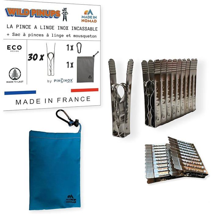 30 Pinces à Linge INOX Incassables avec Panier Pince à Linge et Mousqueton pour Buanderie Fil à Lot de 30