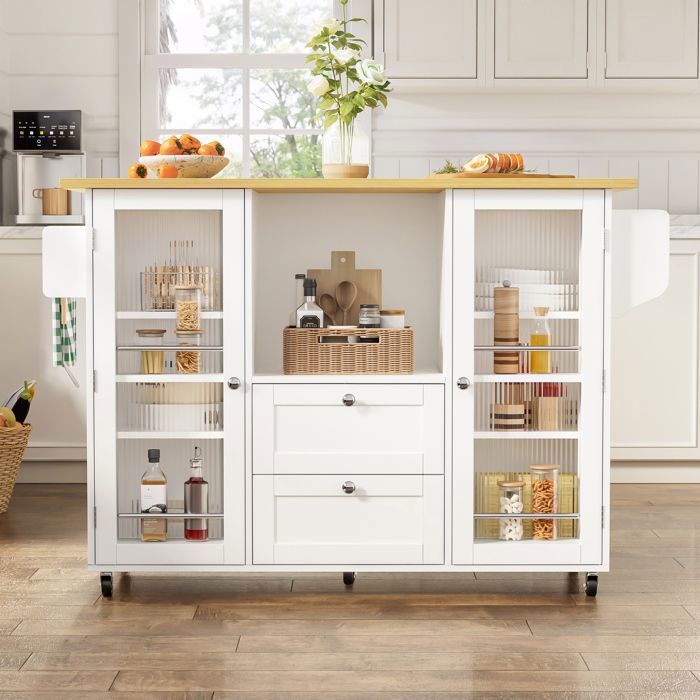 Îlot de cuisine mobile portes vitrées 120 × 45 (70) × 92 cm buffet avec plan de travail pliable et étagères ouvertes blanc