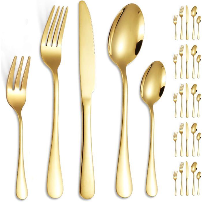 30 pièces Ensemble de couverts de table en or 6 personnes ustensiles en acier inoxydable lave-vaisselle