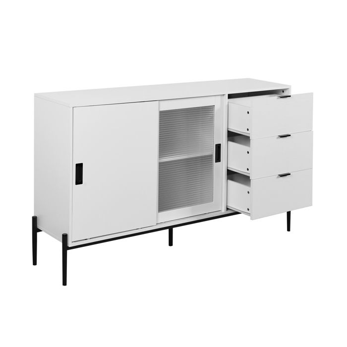 ULEVR Buffet console rectangulaire 2 portes en verre strie et 3 tiroirs - rangement fonctionnel blanc panneau de particules