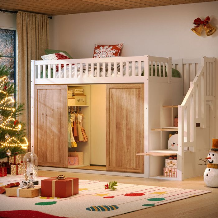 Lit mezzanine enfant 90x200 avec armoire et escalier lit multifonction bois massif éclairage LED blanc et chêne