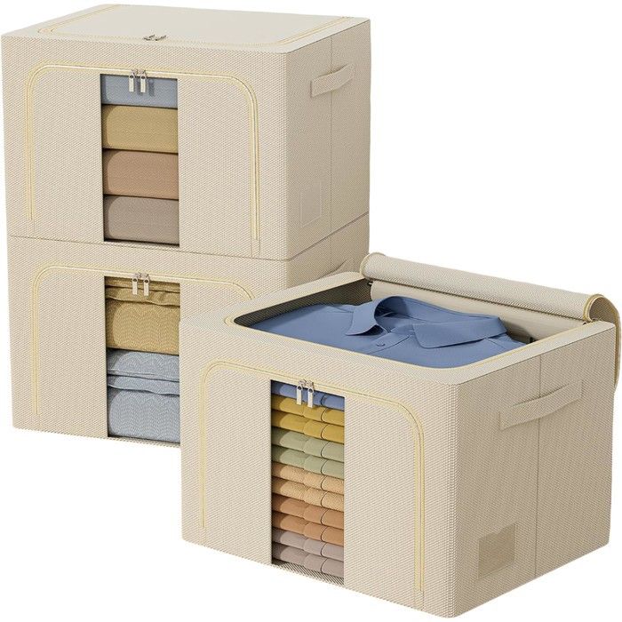 Lot de 3 boîtes organisateurs GoMaihe beige 66 L rangement vêtements avec armature acier renforcé empilable pliable à plat