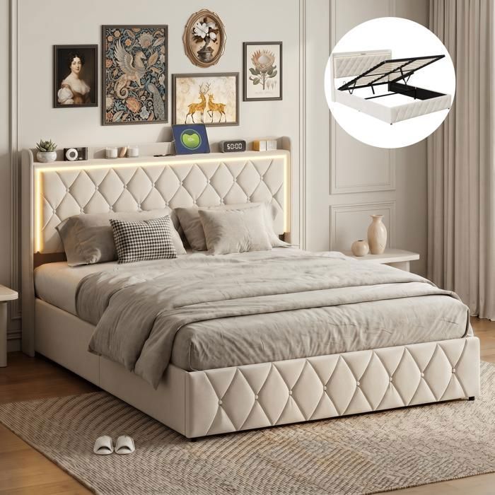 Lit coffre 160x200 cm avec sommier Lit double rembourré avec éclairage LED - ports USB - tête de lit de rangement - Velours Beige