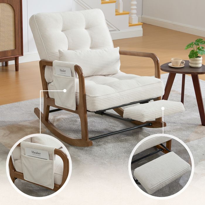 Fauteuil à bascule moderne - Velours côtelé beige - Repose-pieds intégré - Poche latérale avec Velcro