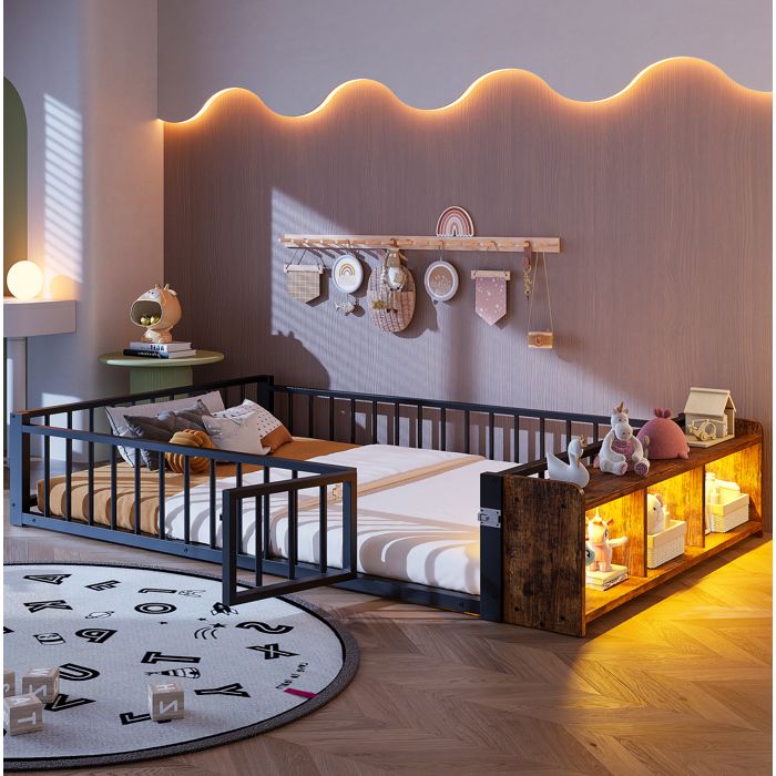 Lit combiné enfant 140 × 200 cm avec barrière rangement ouvert et LED - BEAUNIV - sans matelas métal et MDF - noir