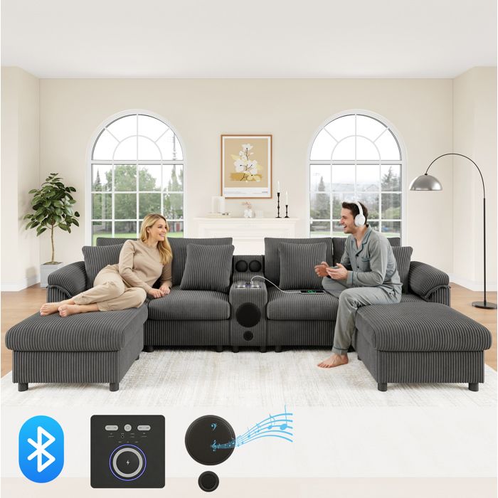 WOVREO Canapé modulable en U ou L en tissu effet velours côtelé gris avec Bluetooth console multimédia rangement