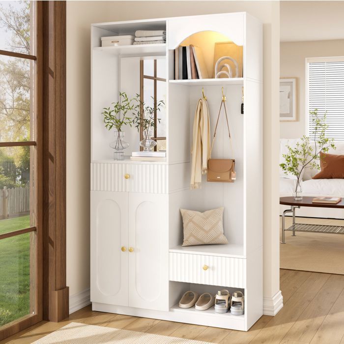 Meubles dentrée 2 Portes 2 Tiroirs Miroir Banc Patères et LED - ELVMI - MDF Blanc 100×35×180 cm