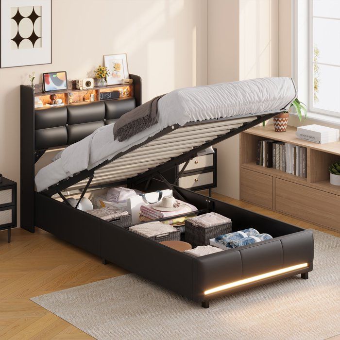 Lit coffre 90 x 200 cm pour enfant et adulte lit capitonné avec LED et USB lit 90x200 avec sommier à lattes cadre de lit PU Noir
