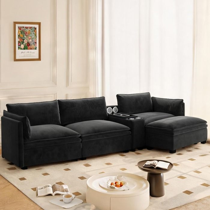 Canapé modulable L 4 places 315 cm en tissu chenille classic black avec console charge sans fil haut-parleurs Bluetooth