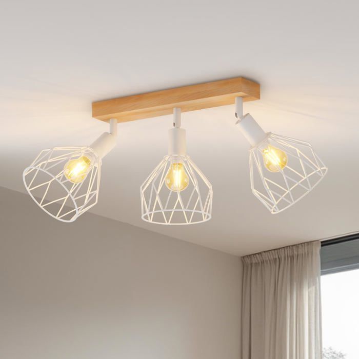 Plafonnier 3 spots LED E14 - base rectangulaire en bois - spots orientables - IP20 intérieur