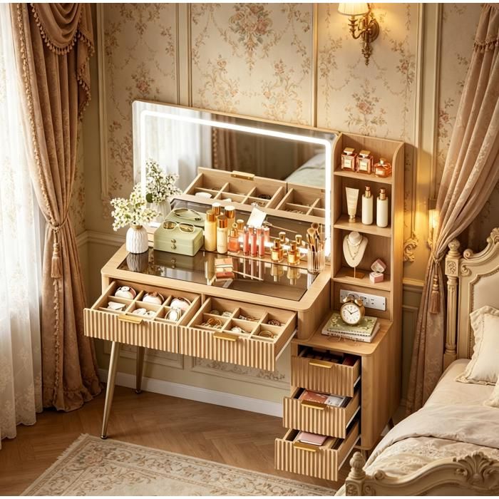 ELVORIN Coiffeuse avec miroir LED 90 x 60 cm 117 x 40 x 137 cm 5 tiroirs 3 niches verre trempe bois clair