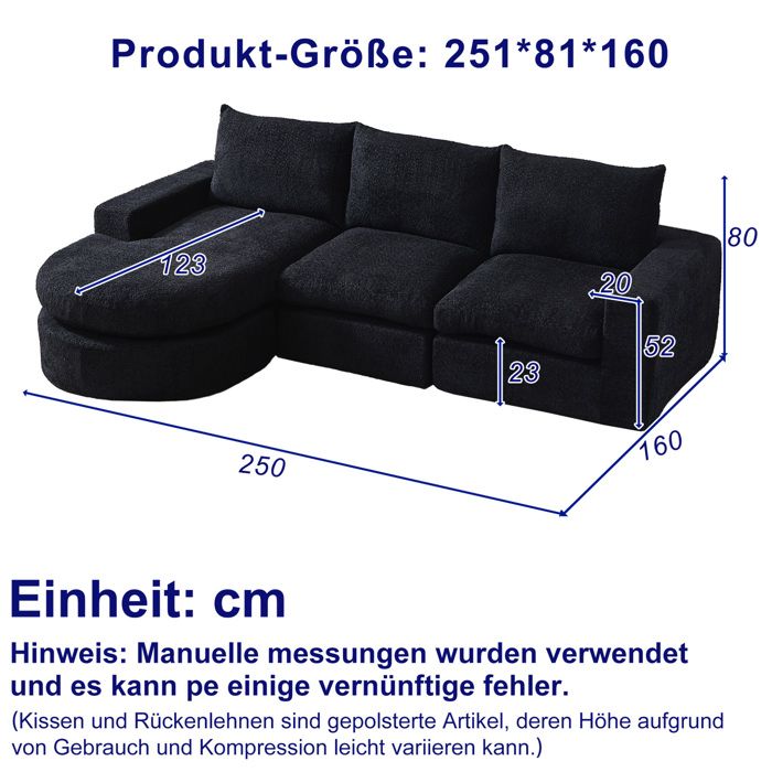 Canapé dangle compressé 3 places en chenille noire avec méridienne réversible modulable 4 modules sans montage ORVRYN