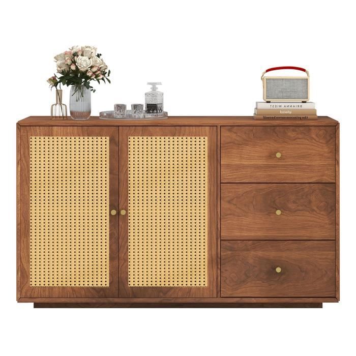 Buffet Moderne Merax 4 Portes - Noir Avec Poignées Dorées - Meuble Salon Rangement étagères Réglables