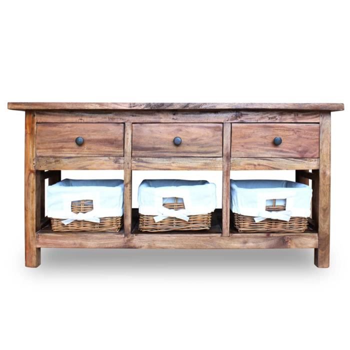 Buffet Bas - AKOZON - AKO7334123556100 - Bois de récupération massif - 3 tiroirs - 3 paniers en rotin