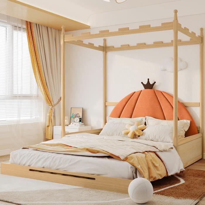 lit en bois extensible, baldaquin château carré, oreillers en velours en forme de citrouille, naturel et orange