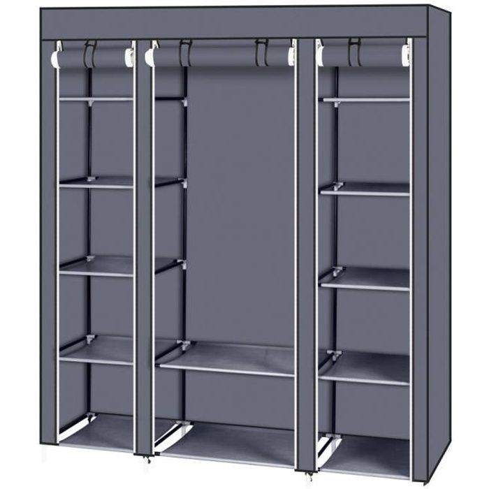 Armoire Pliable LOEFME - 130x45x175 Cm - Tissu Résistant Avec Poches - Rangement Vêtements - Gris