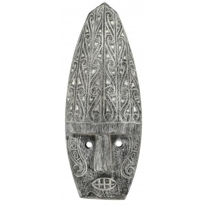 Masque mural ethnique en bois patiné gris sculpté