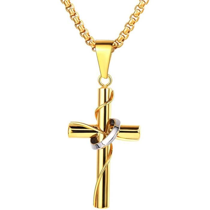Collier Croix Or Acier Inoxydable GXGM - Chaîne Réglable 40-46cm - Cadeau Homme Femme Noël