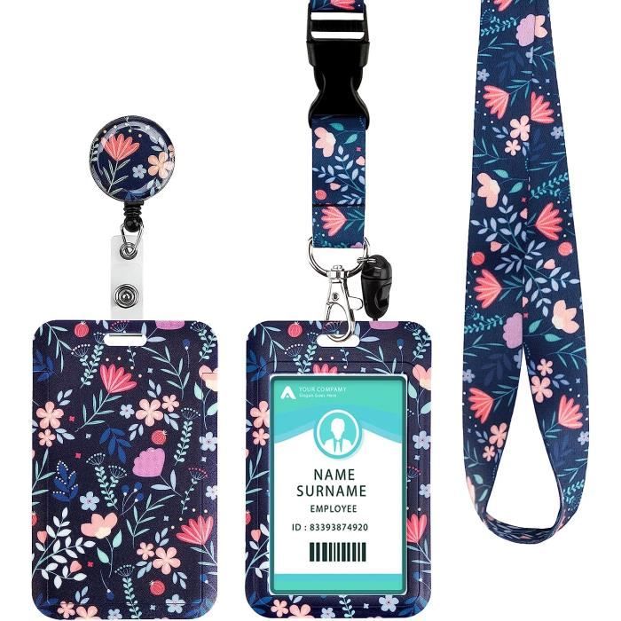 Porte Badge Avec Porte-Cartes Tour De Cou - Lanyard Avec Fermoir Rapide - Pour ID, Clés, Téléphone (Fleur Rose)