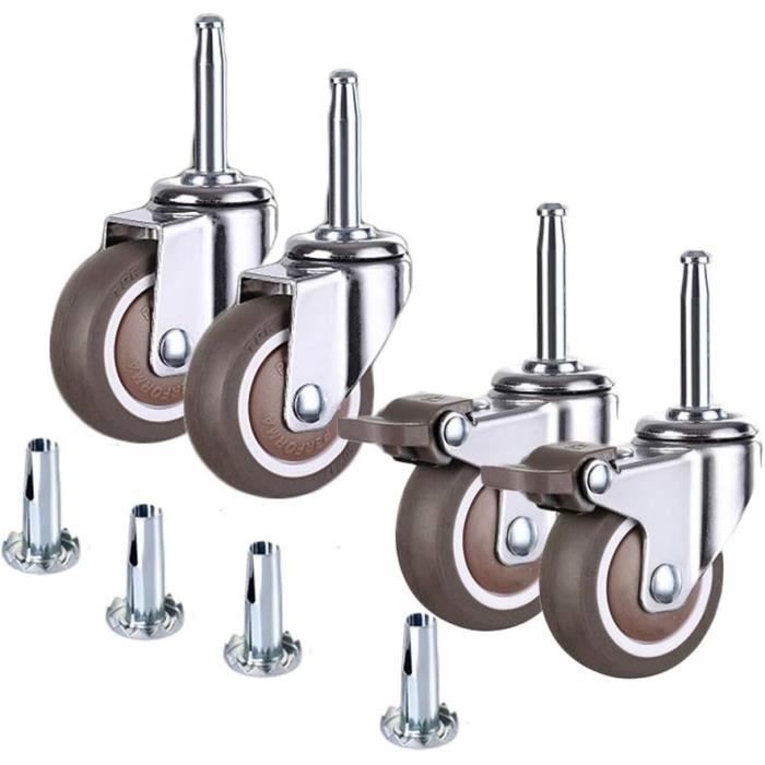 Lot De 4 Roulettes Pivotantes 100 Mm Avec Frein - Tige Extensible Pour Tubes 23/28/34/40 Mm - Capacité 500 Kg - En Polyuréthane Orange