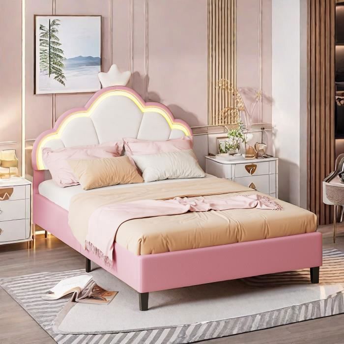 Cadre de lit - Lampe LED - 90x200 cm - Rembourré - Couronne rose - Enfant