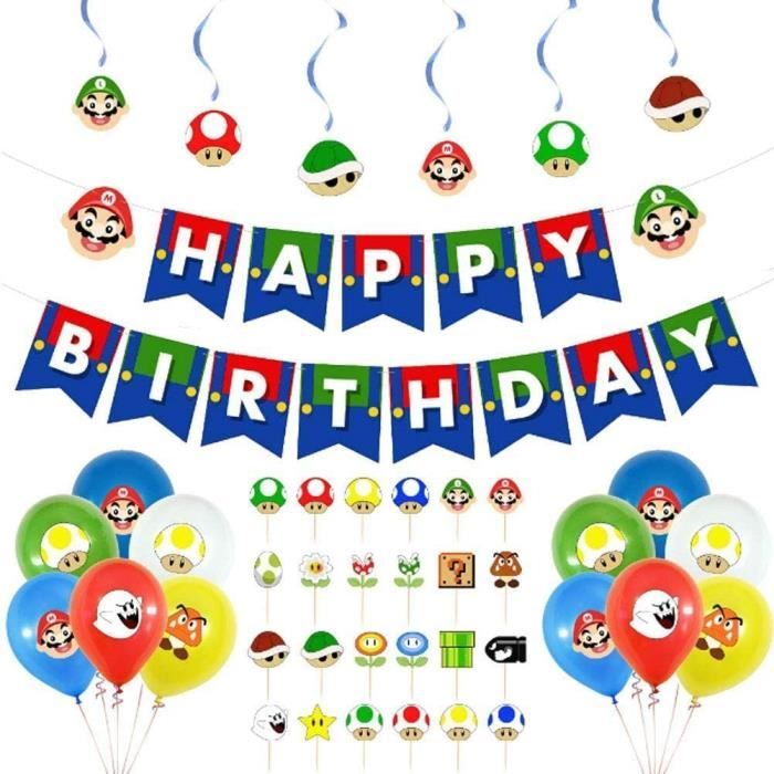 Zswq Super Mario Decoration De Fete D Anniversaire Decoration Ensemble De Drapeaux Joyeux Anniversaire Avec Ballons Banniere Car14 Cdiscount Maison