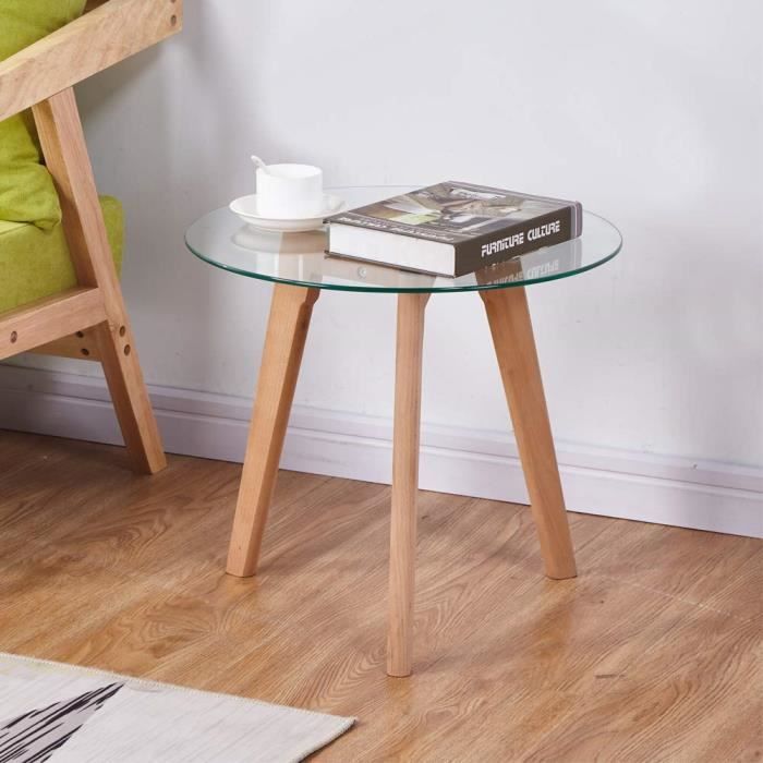 Goldfan Table D Appoint Ronde En Verre Bout De Canape Table De Cafe Petite Table Basse En Bois De Salon Avec Hetre Pieds Design Scan Achat Vente Table Basse Goldfan Table