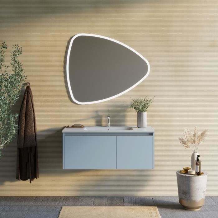 armoire de toilette murale avec lavabo de 100 cm bleu mat, miroir à led | monaco
