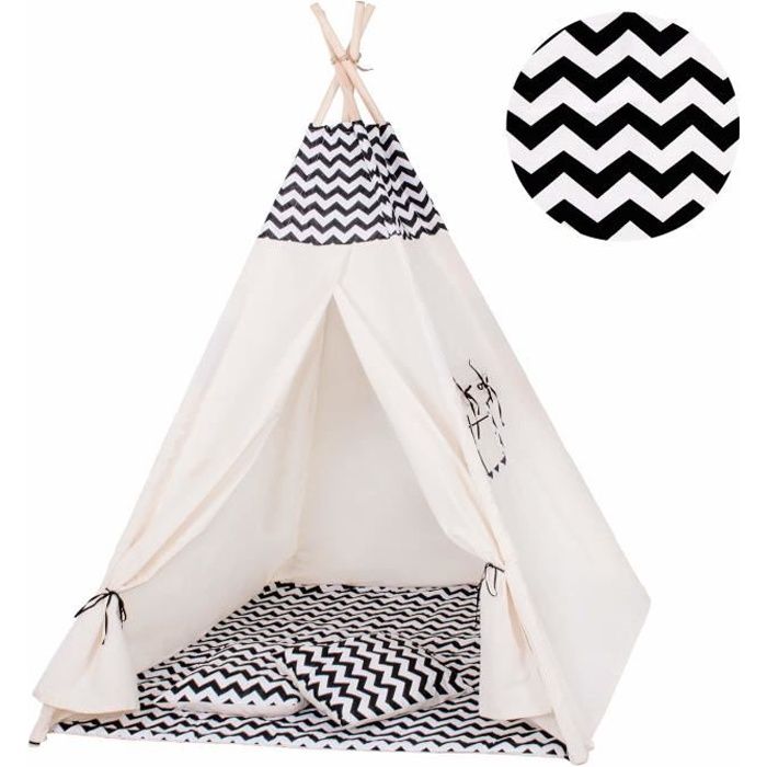 Tente Tipi Zigzag noir - VIKING CHOICE - 120x100x160 cm - 100% coton - Pour enfants à partir de 3 ans