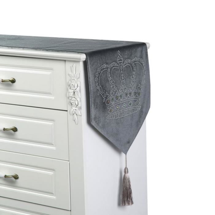 Motif Couronne Chemin de Table Moderne Strass Velours Nappe 32x180cm Gris