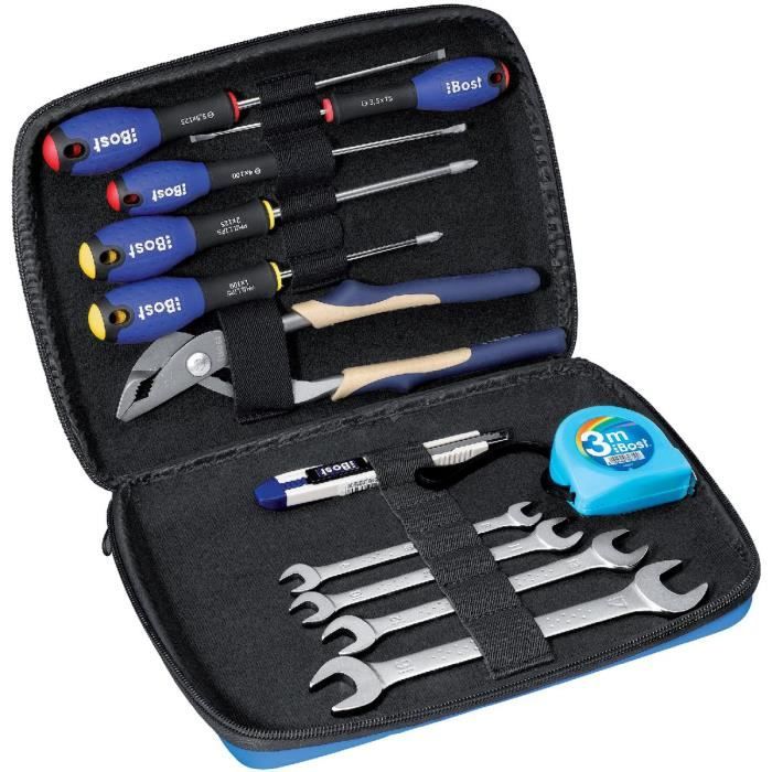 Trousse de 12 outils Expert Bost - Clés plates, tournevis, pince multiprise, cutter et mesure 3m