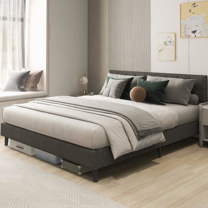 COSTWAY Lit Double Scandinave pour Adulte 180 x 200 CM Structure de Lit avec Tête de Lit Sommier à Lattes et Repose-pieds
