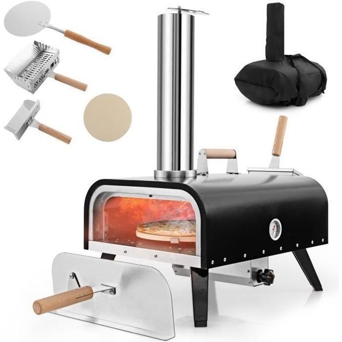 Four Pizza Extrieur Portable COSTWAY-Pierre Pizza 30 cm Rotative-Pole Granuls de Bois-Thermomtre-Couverture-Pelle Pizza
