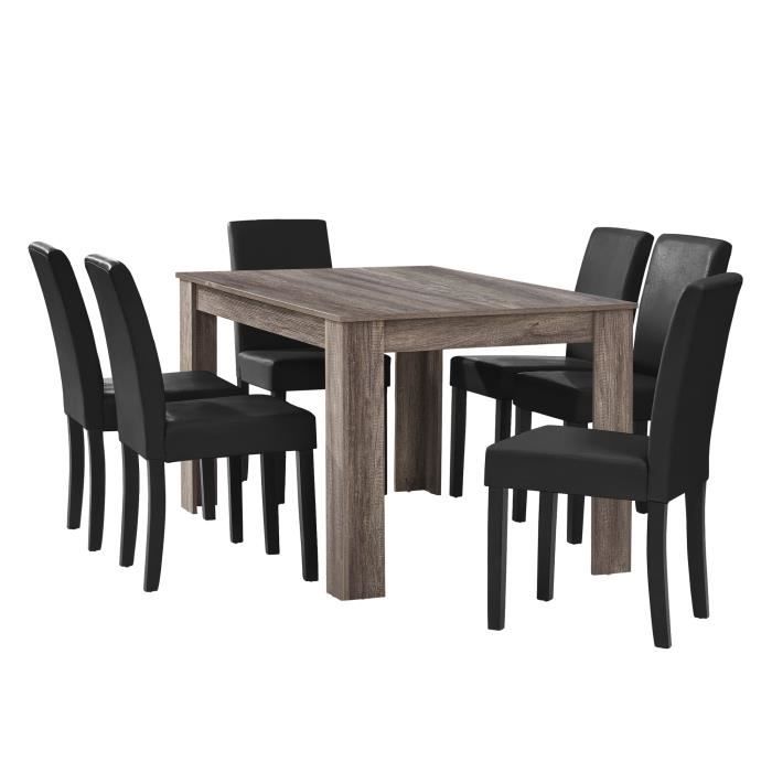 en.casa Table à manger en chêne ancien avec 6 chaises noir cuir-synthétique rembourré 140x90
