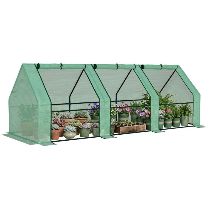 Mini serre de jardin tunnel - Outsunny - toit pointu pe haute densité anti-uv 3 fenêtres zip - acier - 270L x 90l x 90H cm - vert