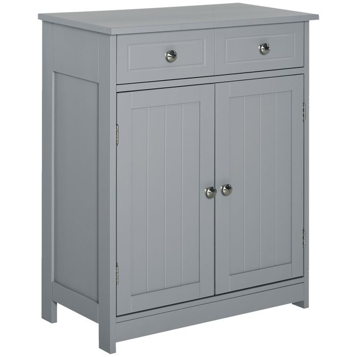 Meuble de salle de bain - meuble de rangement - kleankin - 2 tiroirs placard double porte réglable - bois - 60x30x75cm - gris