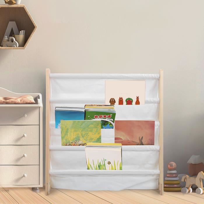 Bibliothèque Enfants Double Face MHJY | Porte-Livres En Bois Avec Rangement Toile, Style Montessori