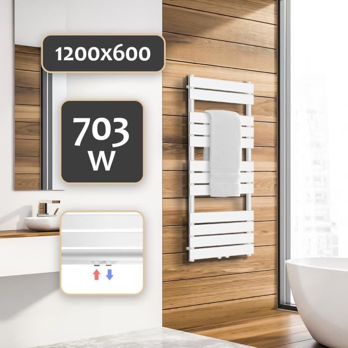 Aquamarin® Sèche-Serviette pour Salle de Bain - 1200x600 mm, en Blanc, Format Vertical, en Acier - Radiateur, Chauffe-Serviette