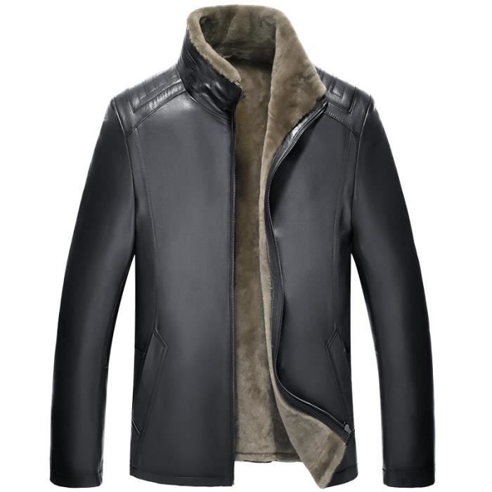 Fourrure Veste Cuir homme Noir Manteau Homme Hiver Marque Luxe Pu Cuir