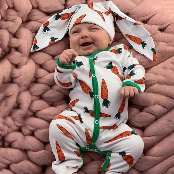 0-24 Mois Combinaison Manches Longues Motif Carotte Mignon Pyjama  Grenouillère avec Bonnet Lapin pour Bébé Garçon Nouveau-né