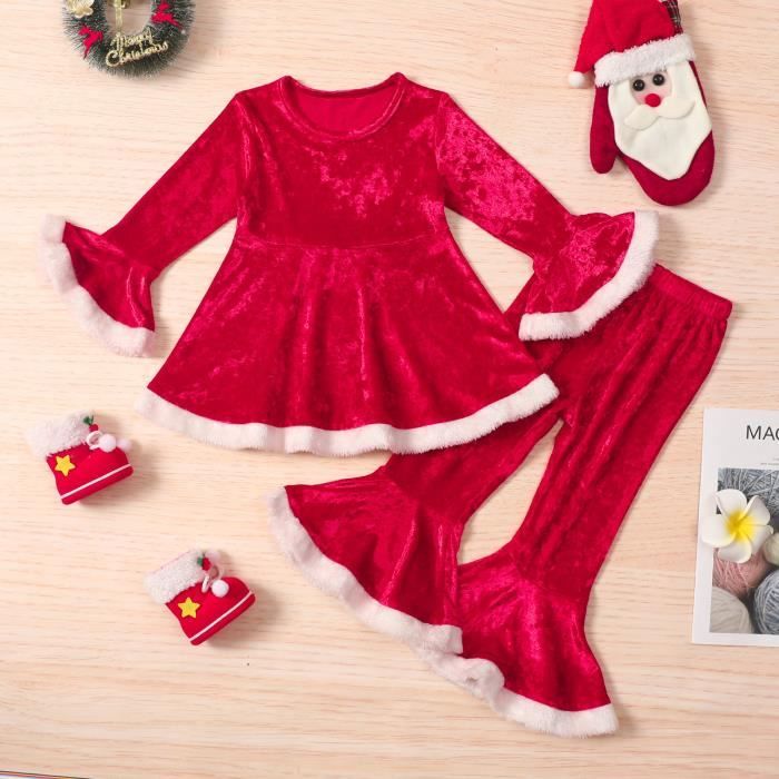 2 pièces de 1 à 5 ans BemeUSWT Tenue de Noël pour bébé fille à manches longues en velours Robe de fête de Noël Serre-tête