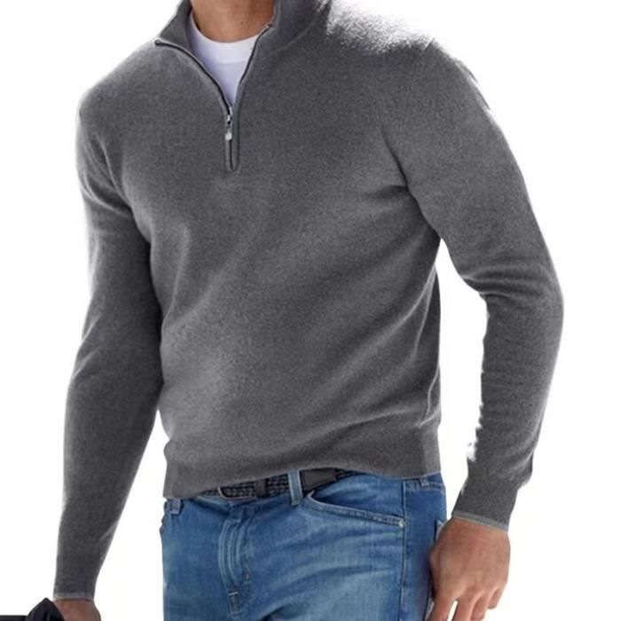 Homme Pull A Col Roule avec Fermeture Eclair Manches Longues 1 4 Zip Col Montant Pullover en Tricote d hiver Sweater Gris Gris Cdiscount Pret a Porter