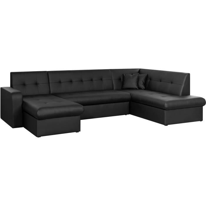 Canapé convertible panoramique 7 places - Simili noir - Contemporain - L 301 x P 189 x H 81 cm - ROM