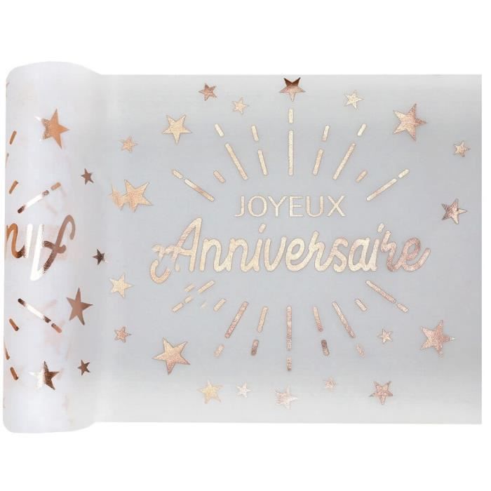 Chemin de table joyeux anniversaire blanc et rose gold métallique 30cm x 5m (x1) REF/6646